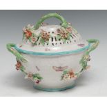 A Derby porcelain two-handled ozier-moulded and flower-encrusted basket, pierced cover, decorated