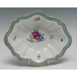 An English porcelain shaped oval dish, London decorated probably in the workshop of James Giles,
