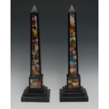 A pair of Grand Tour design black pietra dura obelisks, inlaid in the Ashford Black Marble manner