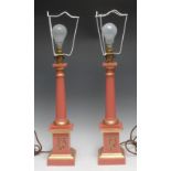 Interior Decoration - a pair of painted softwood Doric column table lamps, each square plinth