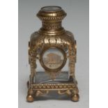 A 19th century French Palais-Royal gilt-metal mounted glass square scent bottle, the chased