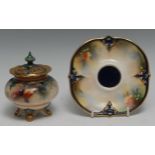 A Hadley Worcester pot pourri vase and cover, decorated with autumn leaves, the shoulders in