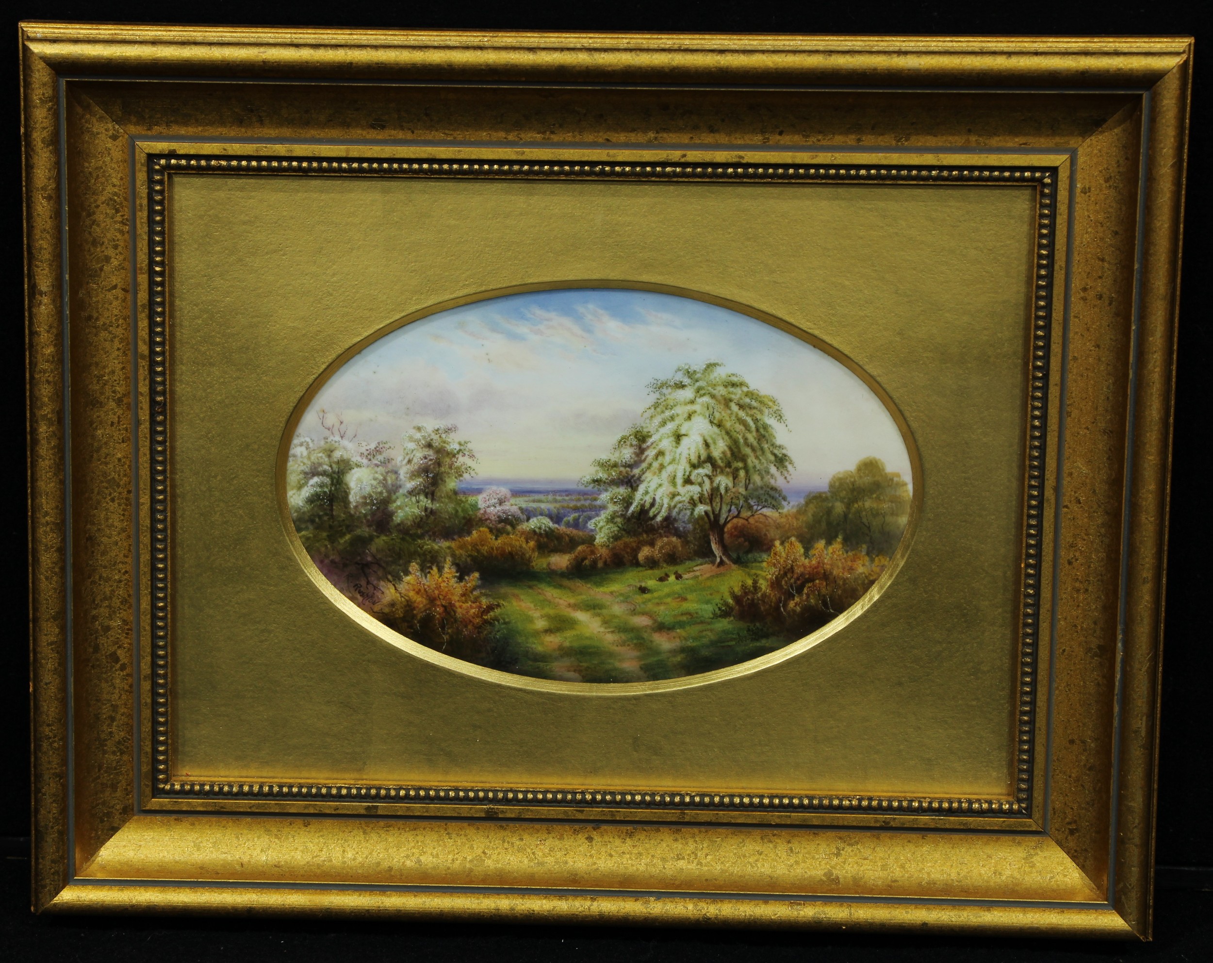 A Royal Worcester oval plaque painted by Raymond Rushton, signed, with rabbits grazing in blooming - Image 2 of 5