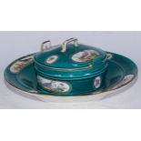 A Sèvres butter dish and cover of circular form, the cover, bowl and integrated tray each painted