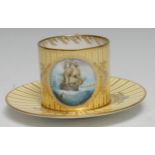 A Lynton porcelain coffee can and stand, painted by Stefan Nowacki, signed, with a British man-of-