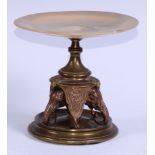 A 19th century French mother of pearl and gilt and brown patinated table centre comport, dished