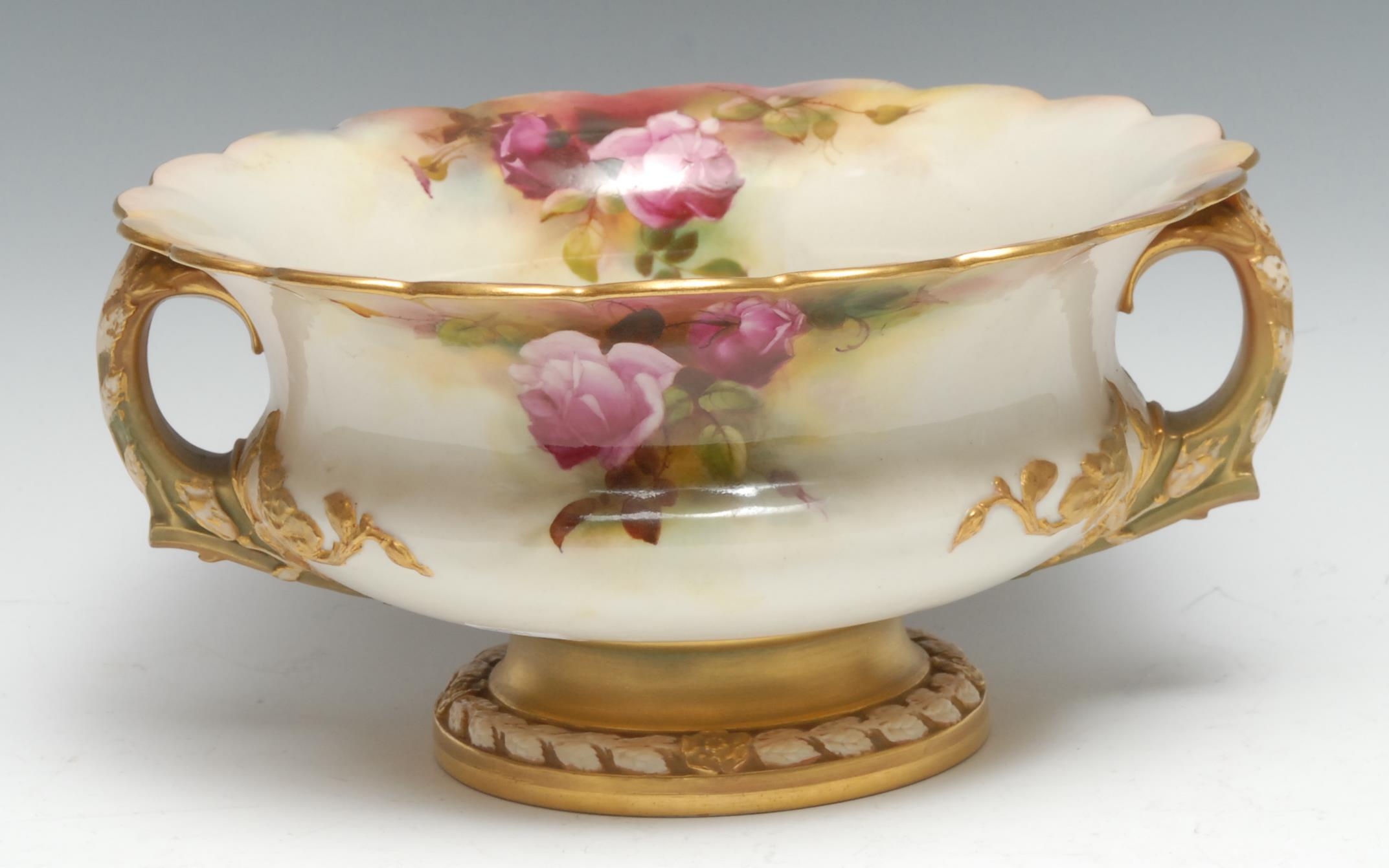 A Royal Worcester two-handled campana shaped bowl, painted by R Austin, signed, decorated with