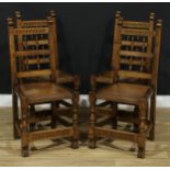 A set of four oak dining chairs, by Nigel Griffiths, signed, each with a nulled rectangular cresting
