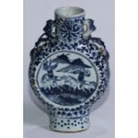 A Chinese moon flask, painted in tones of underglaze blue with cavalry soldiers, 15.5cm high, 19th