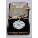 A George V 18ct gold open face pocket watch, white enamel dial, bold Roman numerals, subsidiary