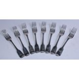 A composed set of eight Victorian Provincial silver Fiddle pattern dessert forks, Reid & Sons,