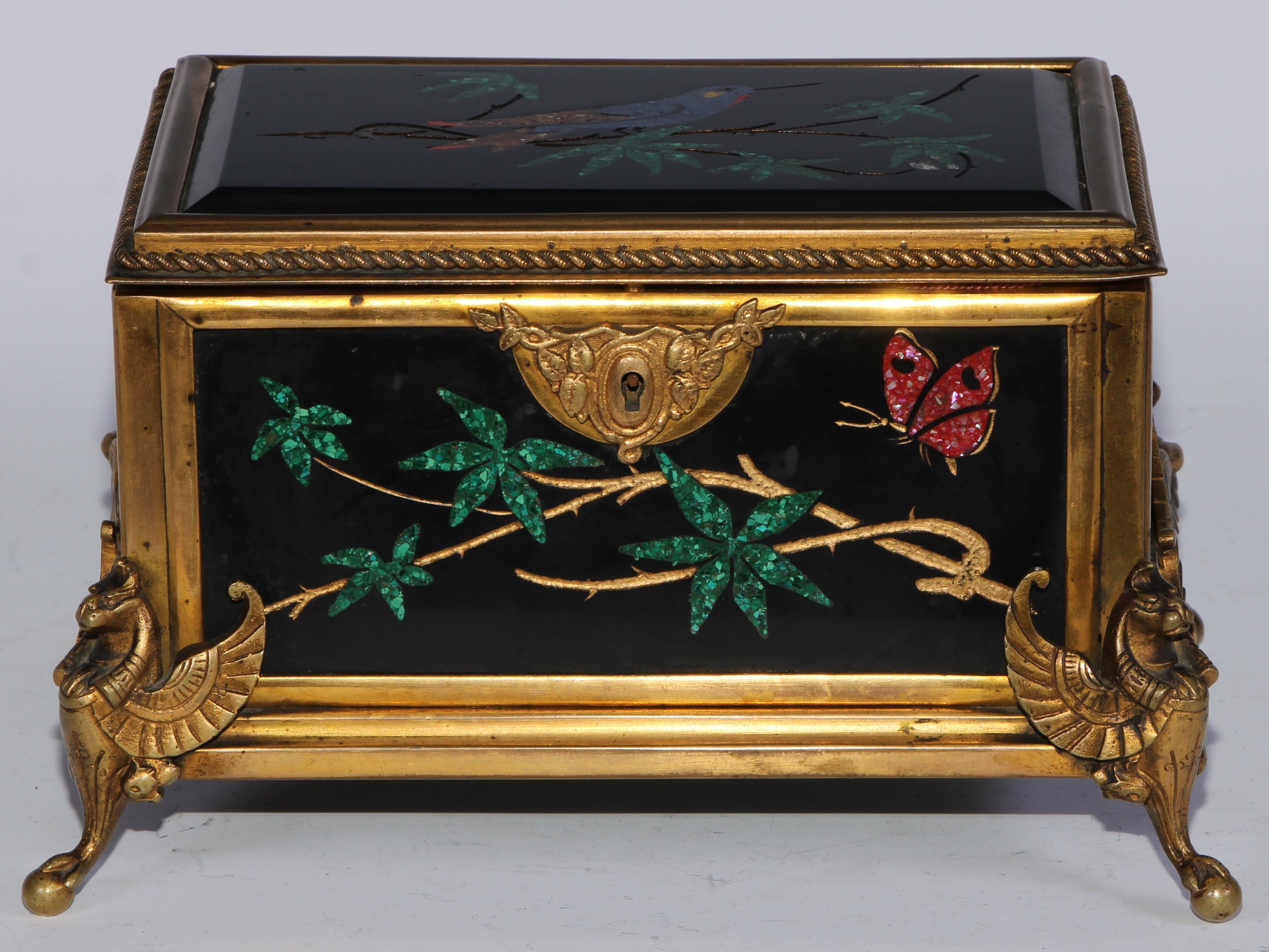 A 19th century ormolu and pietra dura casket, the top, front, sides and back each set with panels of