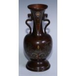 A good Japanese bronze and mixed metal and silver two handled vase, inlaid with geometrical strap
