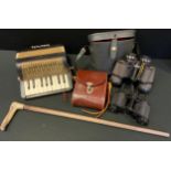 A Hohner TMA Mignon seventeen key accordion; pair of Car Zeiss Jena 8 X 30 binoculars; walking stick