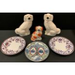 A pair of Staffordshire spaniels, c.1880; another; Woods Primitive Methodist Centenary plate 1907;