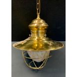 A brass ceiling light, mottled glass shade, 53cm high