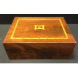 A Victorian inlaid mahogany work box, fitted interior with oval picture aperture, 12.5cm x 33.5cm