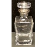 A silver mounted square clear glass decanter of plain design, mushroom shaped stopper, 22cm high