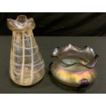 A Loetz style Cralick glass vase, wavy purple rim and bomb drip motifs, iridescent body with tones