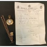A J W Benson 9ct gold half hunter pocket watch, enamel dial, Roman numerals, subsidiary seconds,