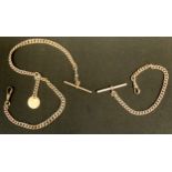 A Silver graduated link Albert chain, T bar, 38cm long; another smaller, 56g gross (2)