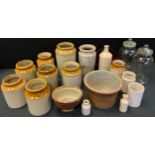 A Derbyshire salt glazed stoneware jelly mould; various stoneware storage jars; etc