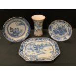 A Chinese waisted cylinder vase; 19th century blue and white shaped oval meat plate etc (4)