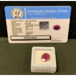 Loose Gemstones - a certified mixed cut oval pinkish red ruby, 7.45ct, GLI gem testing report card.