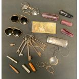 Early 20th century glasses; old keys; charoot holders; etc