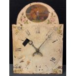 A 19th century longcase clock dial and movement, arched painted dial with figural panel top,