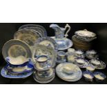 Blue and White - 19th century transfer printed plates, teacups, flow blue plate; wash jugs; willow