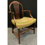 A George III mahogany elbow chair, pierced splat, stuffed-over tapestry seat, tapering legs, H