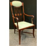 A Edwardian mahogany salon/bedroom chair, pierced and inlaid splat, out swept arms, X-stretcher,