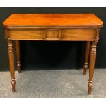 A Victorian mahogany tea table, fold over top, turned legs, 76cm high, 89.5cm wide, 44cm deep,(
