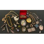 Jewellery - a Pietra Dura panel brooch, Dove & Flowers, gilt metal mount; painted portrait brooch,