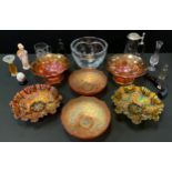 Glassware - a Carnival glass bowl, tones of purple and green, others amber, Avon scent bottles,