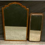 An early 19th century shaped arched topped wall hanging mirror, mahogany frame, 71cm x 43cm; a