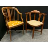 An Edwardian walnut open armchair, spindle back, burr walnut and boxwood inlay, turned legs; an