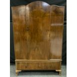 An early to mid 20th century Art Deco style walnut veneered wardrobe, 192cm x 121cm.