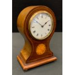 An Edwardian inlaid mahogany balloon timepiece, white dial, bold Roman numerals, manual wind