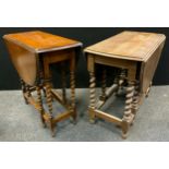 An oak drop leaf dining table, barley twist legs, c,1930; another, smaller