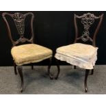 A similar pair of Victorian mahogany salon / bedroom chairs, ornately carved backs, cabriole legs,