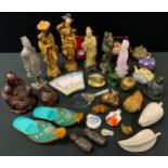 Oriental Items - a carved stone figure of a standing elder; others; Buddha, Lacquer boxes;