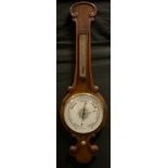A Victorian mahogany banjo barometer thermometer, white and silver scales, 102cm high