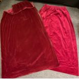 A red cotton velvet curtain, 275cm drop, 260cm wide; another similar 200cm drop, 275cm wide (2)