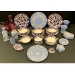 Wedgwood pale blue jasperware inc trinket dishes, plates, vases, etc; Royal Crown Derby unfinished