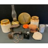 A Dairy Herd Recorder, The Sandringham, 0 - 32pints, 26cm diam; shoe lath; storage jars; oil lamp