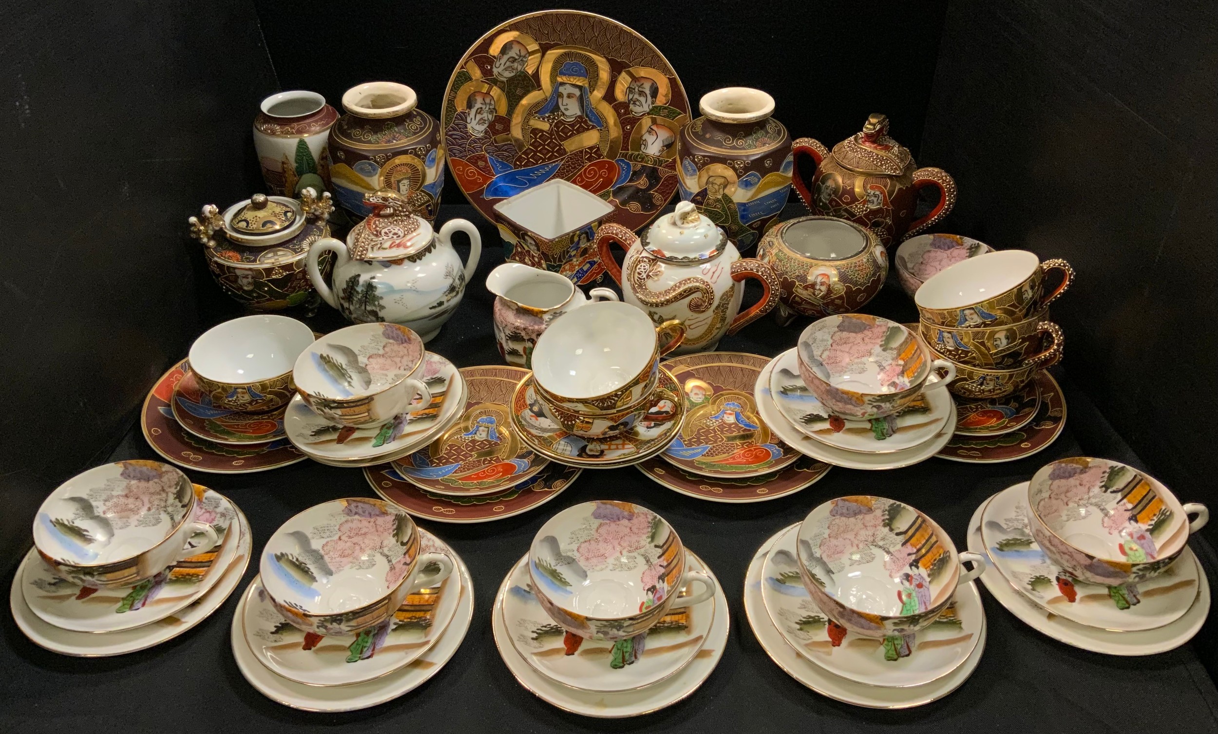 A Japanese porcelain part tea set, decorated with Dragons, another; pair of Satsuma vases etc