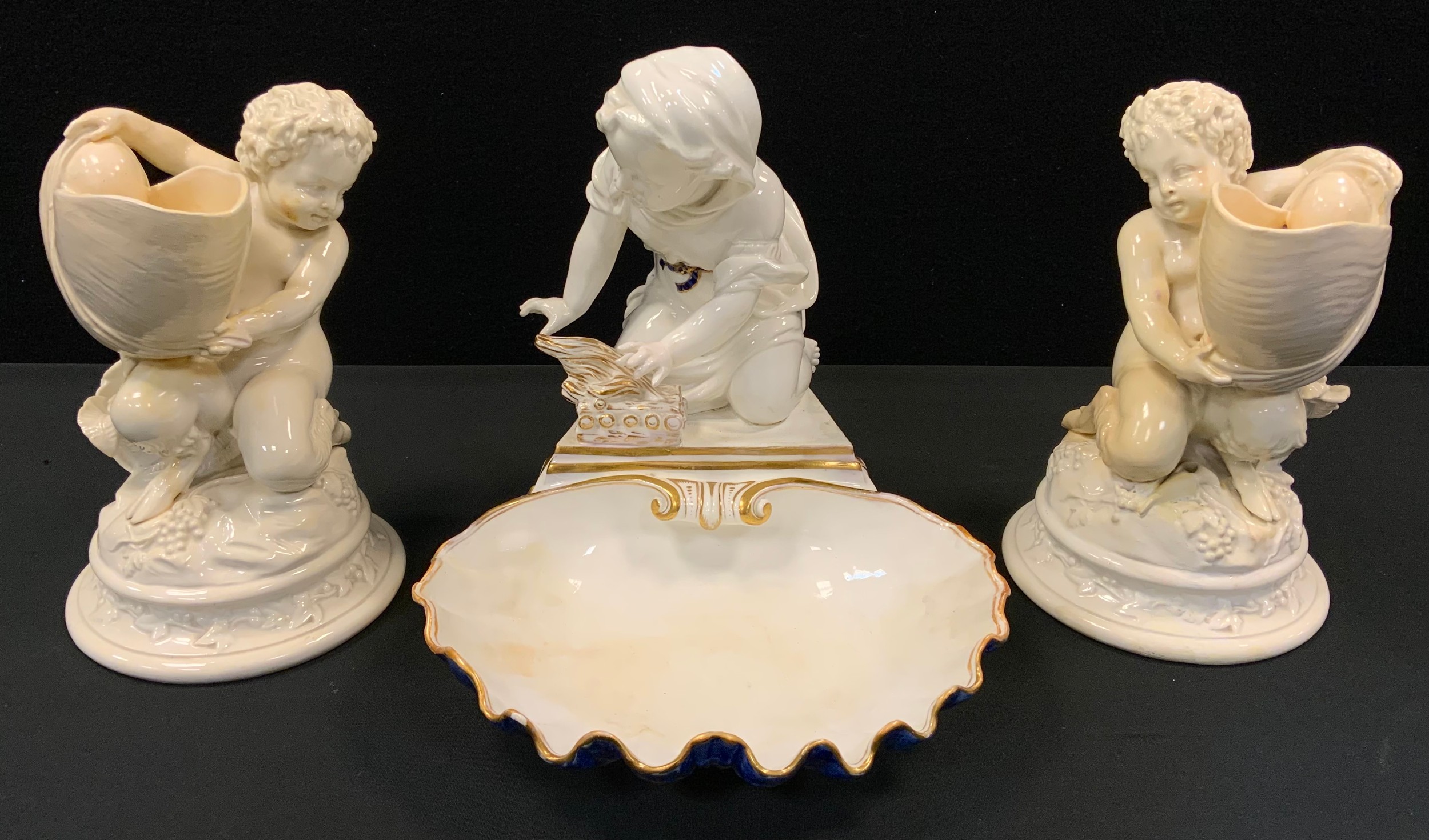 A 19th century Copeland figure and shell bowl, modelled as a girl knelling above scalloped bowl,