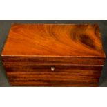 A George IV mahogany rectangular tea caddy, hinged cover enclosing a pair of lidded compartments,
